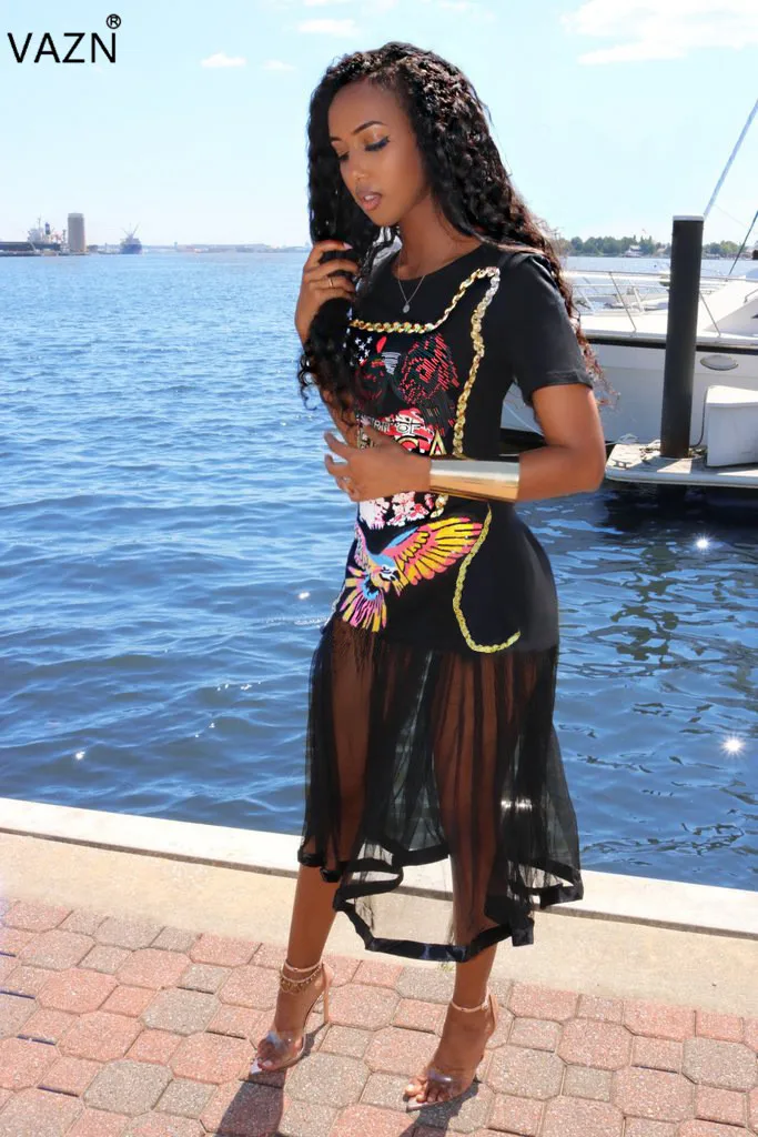 

VAZN 2019 top design sexy women mid-calf dress short sleeves dress sexy lady silod black streetwear patchwork new Dress JH091