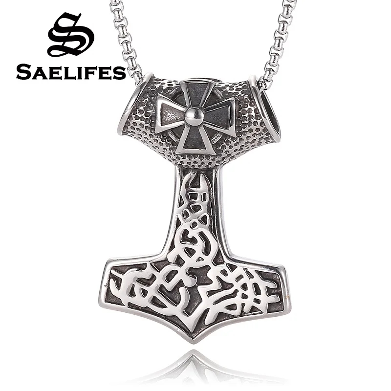 

Men Mjolnir Norse Mythology Cross Pattern Pendant Necklace Stainless Steel Viking Men's New Jewelry 24 inch PB0438