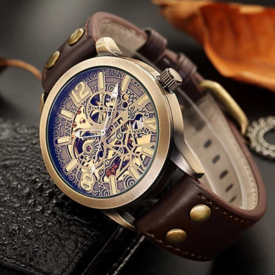 SHENHUA мужские повседневные спортивные часы, винтажные кожаные роскошные армейские автоматические мужские наручные часы, военные часы с скелетом - Цвет: Коричневый