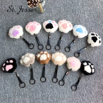 

13 Colors Cute Cat Paw Pompom Keychain 100% Real Mink Fur Car Keyring Lady's Women Hand Bag Fluffy Pompon Pendant Accessories