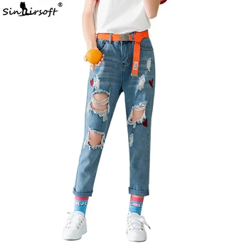 

Hole Ripped Jeans For Women Woman Ladies Loose Large Size Jeans Fashion Nine Points Jeans Print Blue Denim Trousers Hot Pants
