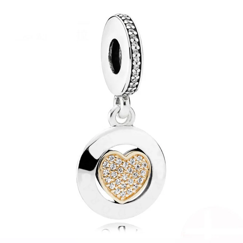 

New 925 Sterling Silver Bead Charm Pan Signature Gold Love Heart With Crystal Pendant Beads Fit Pandora Bracelet Diy Jewelry