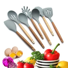 

Silicone Cooking Utensils Set, Spatula/Spoon/Soup Ladle/Slotted Spoon/Slotted Turner, 7pcs Natural Wooden Kitchen Utensils Set