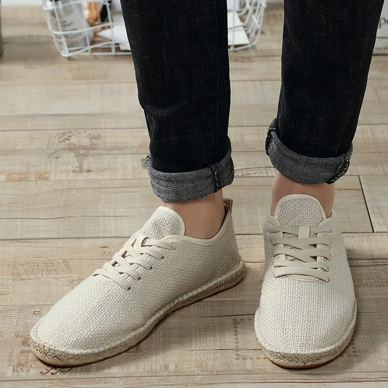 Fashion Sneakers Men Breathable Hemp Shoes Men Summer Canvas Casual Shoes Lace Up Flat Loafers Comfortable Driving Loafers