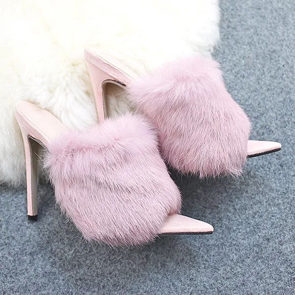 Женские тапочки мюли; летние туфли на высоком каблуке; пикантные женские шлепанцы на меху с открытым носком; обувь для вечеринок; женские сандалии; большие размеры - Цвет: Pink Slippers