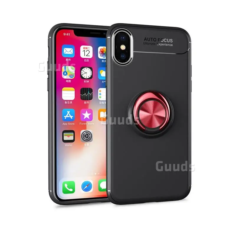 Auto Focus Invisible Ring Holder Soft Phone Case for iPhone X(5.8 inch) - Black Red