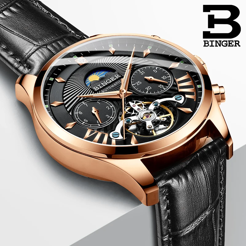 Мужские механические часы BINGER Skeleton Tourbillon Автоматические классические кожаные