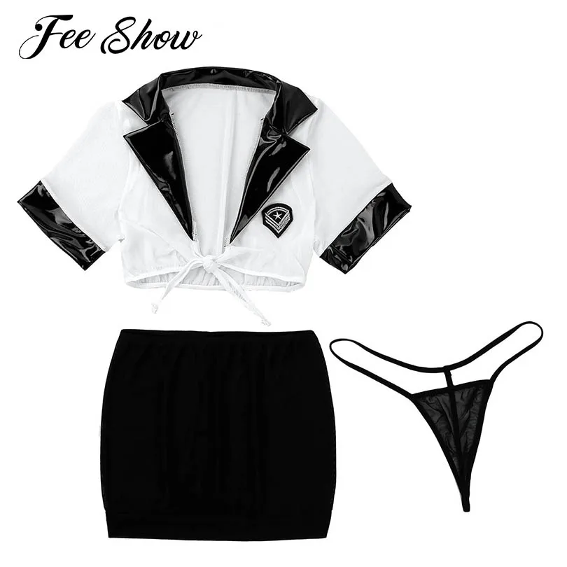 

Women Secretary Office Uniform Sexy Clubwear Mesh See Through Sheer Short Sleeve Erotic Cosplay Costume Stewardess Lingerie Set