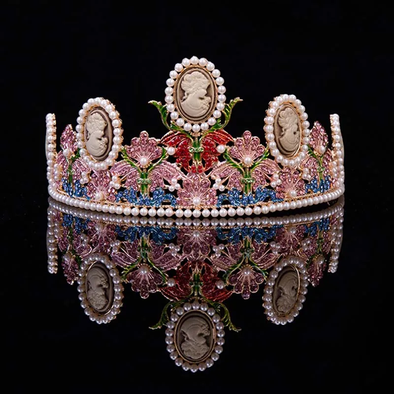 High grade Gold pearl Vintage Round Queen Crown Bride Headdress Large