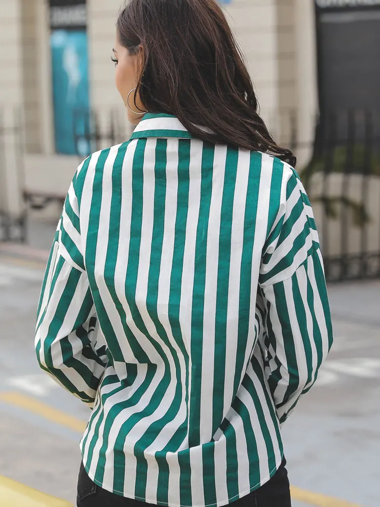 Plus Size Women Striped Shirt Long Sleeve Boyfriend Top in Green and White  Vertical Stripes - AliExpress
