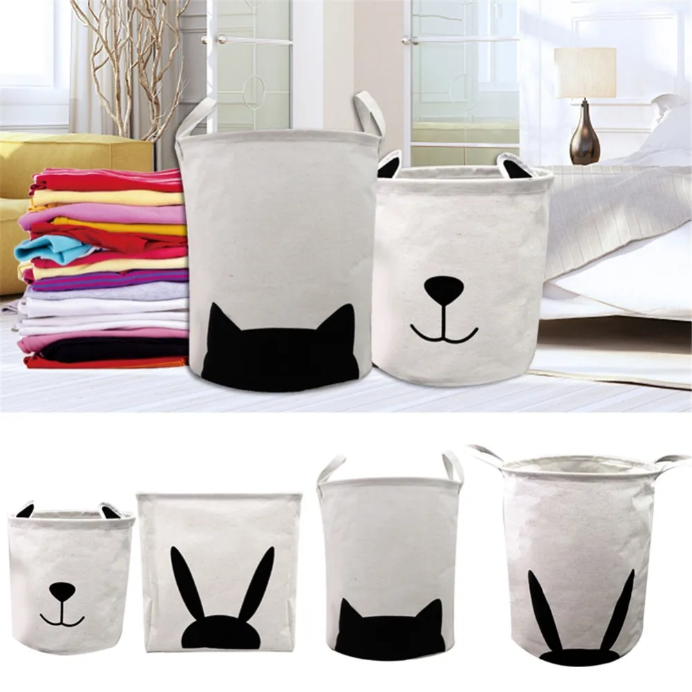 

4 Sizes Cute Cartoon Animal Ears Print Cotton Linen Storage Baskets For Laundry Clothes Toys Sundries Neatening Organizer Hamper