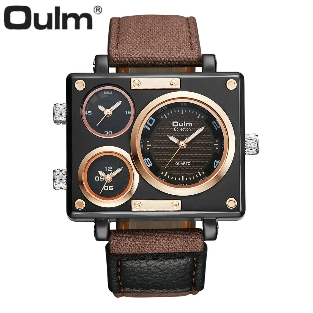 

OULM Fashion Military Quartz Watch Men Canvas Splice Strap Rose Golden Multiple Time Zone Square Dial Creative Wristwatches