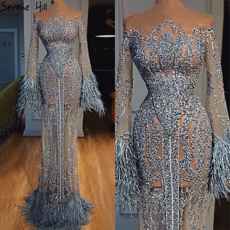 

Silver Long Sleeve Feathers Sequined Evening Dresses Dubai Mermaid Luxury Evening Gowns 2020 Serene Hill LA60932