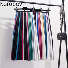Korobov Harajuku винтажная полосатая Лоскутная Женская юбка с высокой талией Vogue длинные плиссированные юбки корейский хит цвет атласная юбка 77954