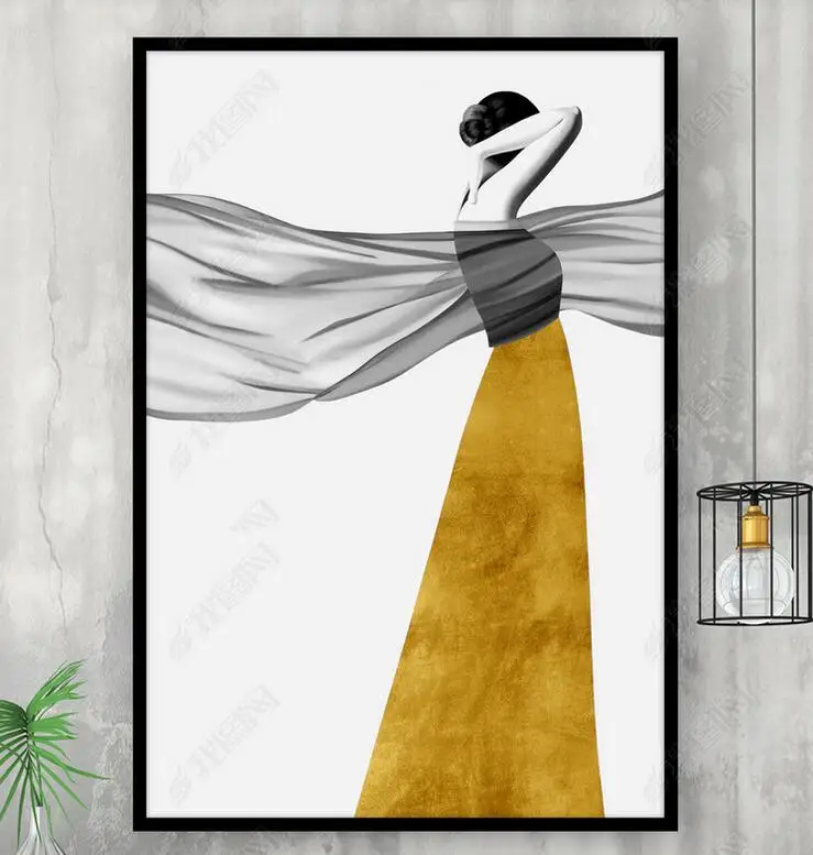 

Poster Nordic Abstract Beautiful And Elegant Woman in Yellow Unframed Canvas Painting For Home Bedroom Art Wall Decoration