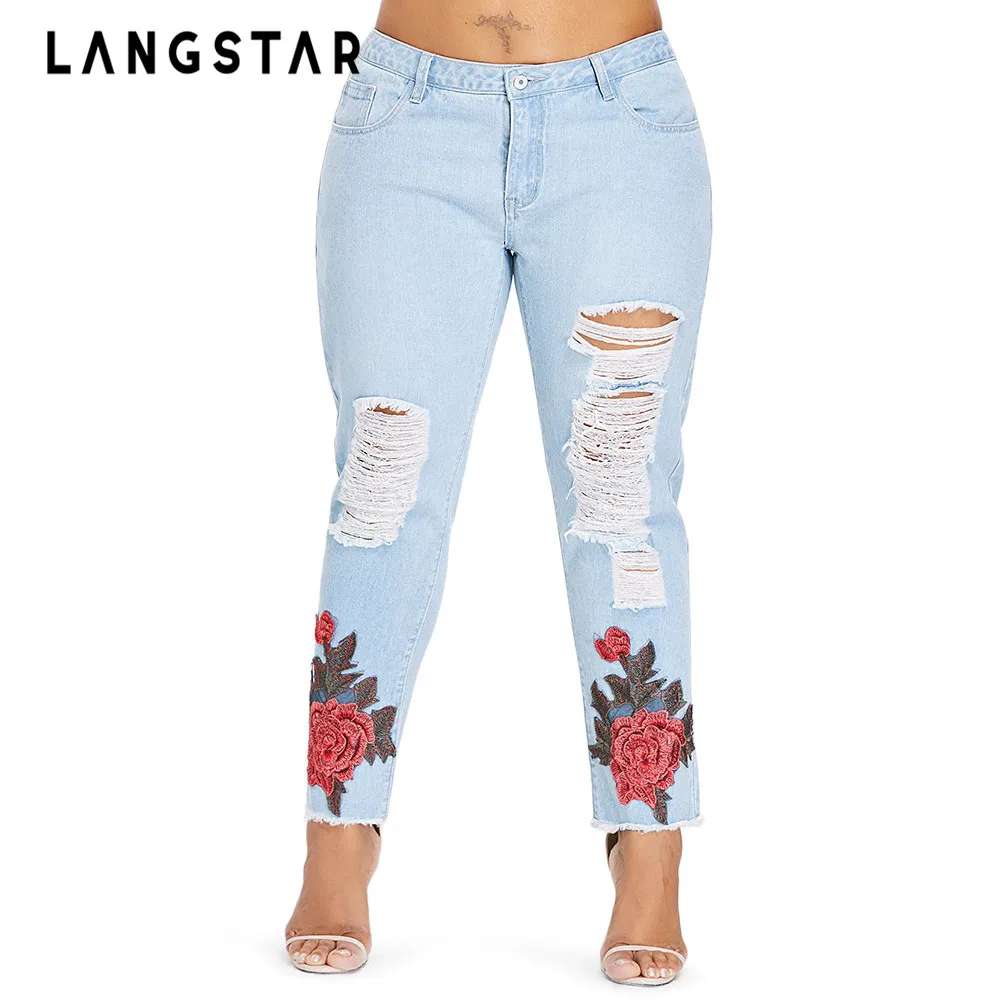 LANGSTAR Plus Size Women Jeans Embroidery Applique Jeans Straight Jeans