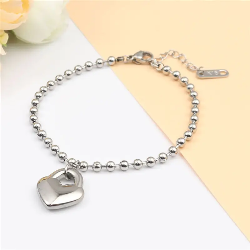 

Fashion Stainless Steel Bracelets Silver Heart Key Pendant Bead Bracelet For Women Girls Jewelry Gifts 18cm - 16cm Long, 1 Piece