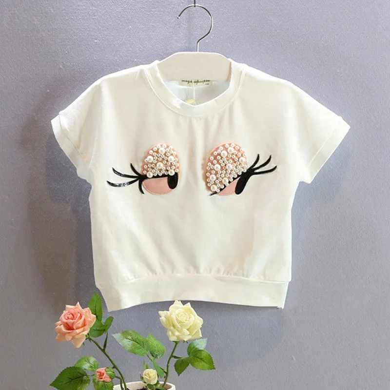 2016 New Summer Kids Sets Girls Clothes Set Fashion Pearl Big Eye Lashes Short Sleeve Top Shors Suit Girls Clothing Ses 2-7Y