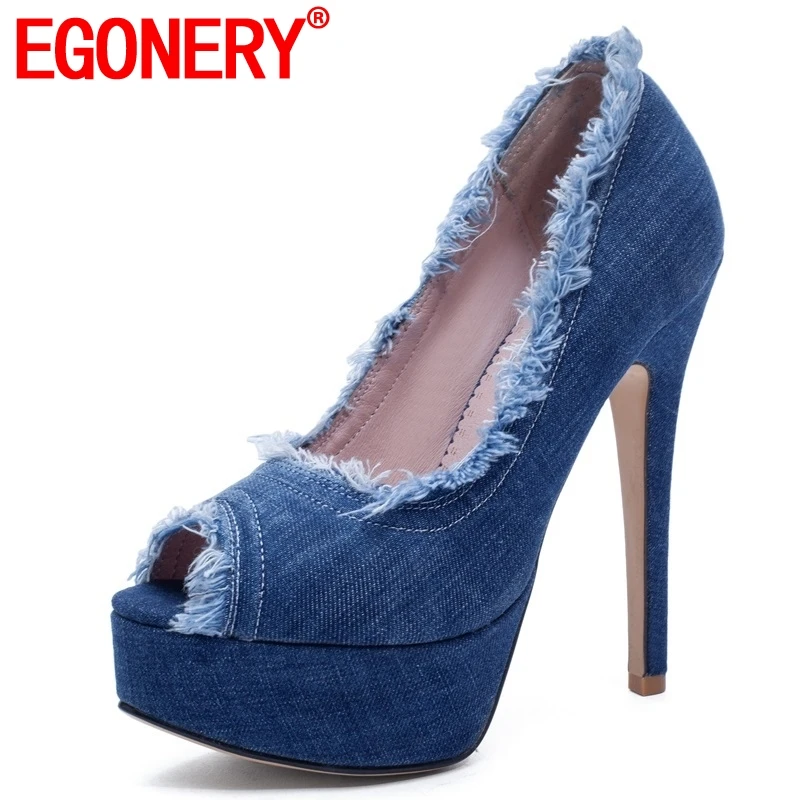 

EGONERY shoes woman spring new fashion sexy peep toe denim party woman pumps outside super high thin heels platform ladies shoes