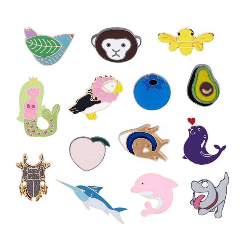 

Fashion Bee Monkey Dolphins Parrot Kiwi Blueberry Mermaid Shark Brooch Enamel Pin Badge Denim Jackets Hats Brooches Pins Jewelry