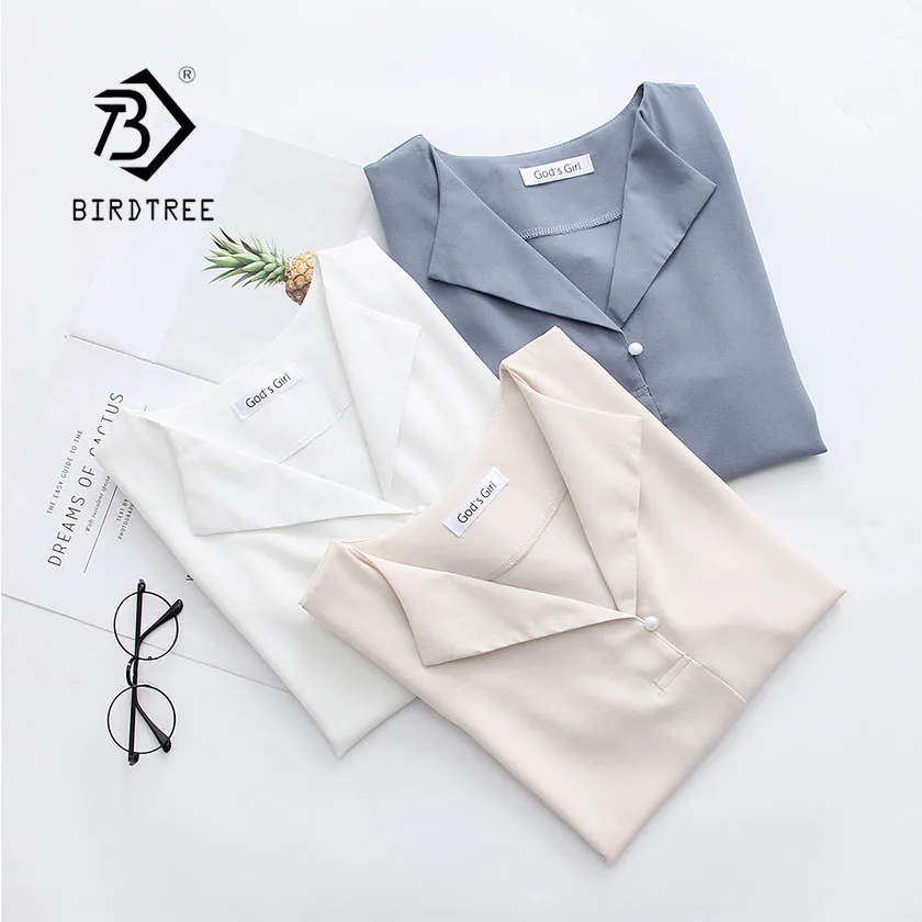 

2019 NEW Solid Shirt Office Lady Notched Chiffon Wear Button Up Beading Short Sleeve Blouse Feminina Spring HOT Sale T8D523M