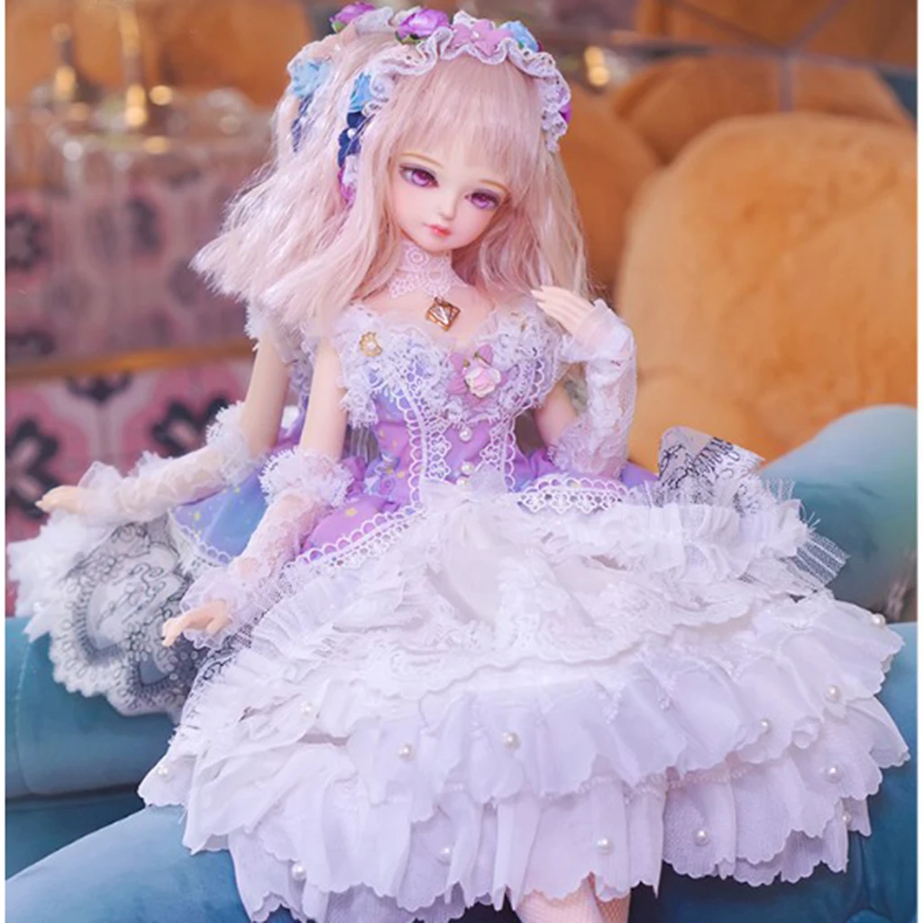 Purple Party Gown Dress Lace Sleeves Necklace Garland For1/4 BJD Doll Outfit Clothing Dress Set for Girl Doll