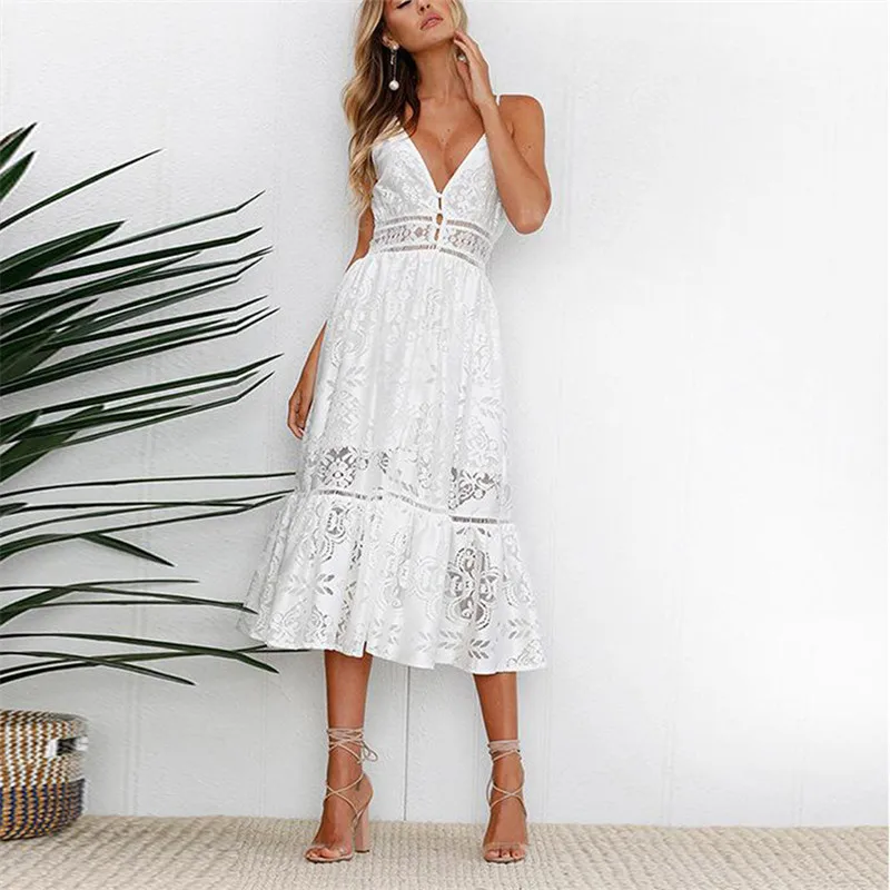

2019 Women Summer Sexy & Club Party Night Dresses Lace Elegant White Vintage Midi Dress