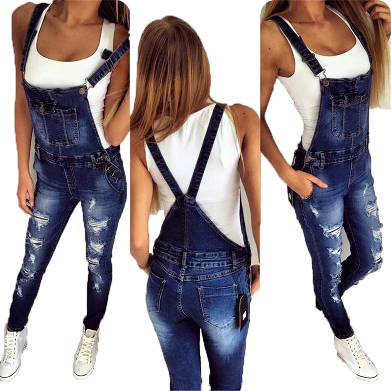 casual Denim Jumpsuit summer Ladies Long Pants rompers women jumpsuit Overalls ripped jeans Strappy Off Shoulder boyfriend jeans