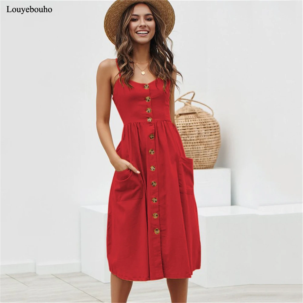 

Women Casual Sleeveless Dress 2019 Summer Sexy Spaghetti Strap Buttons Solid Polka Dot Striped Boho Beach Sundress Vestidos 3XL