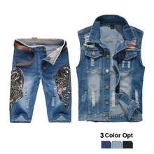 Men Jean Vest Jacket Set Retro Ripped Destroyed Skinny Hole Top Denim Short Pants 1/2 Trousers Summer Beach Wear Blue Dragon Dwa Men Jean Vest Jacket Set Retro Ripped Destroyed Skinny Hole Top Denim Short Pants 1/2 Trousers Summer Beach Wear Blue Dragon Dwa