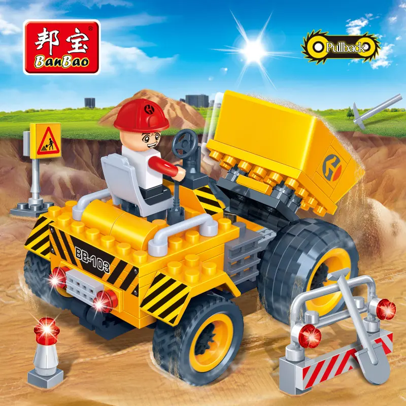 

BanBao City Educational Blocks Toys For Children Gifts Engineering Vehicles Yellow Cars Pullback Stickers