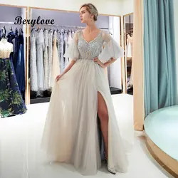 BeryLove элегантный серый Выпускные платья 2018 Половина рукава разрез V образным вырезом бисером блестками фатиновые платья для выпускного