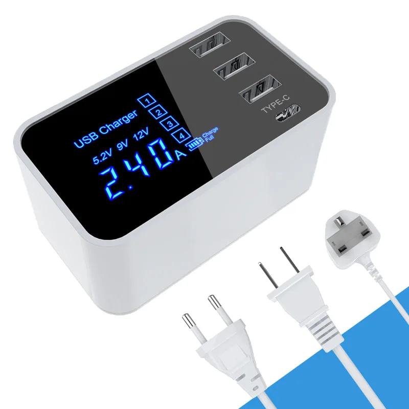 

Yulubu CDA30 4 Ports USB Charger Led Display Desktop Quick Wall Charger USB Adapter Type C Fast Charging For phone Huawei Xiaomi