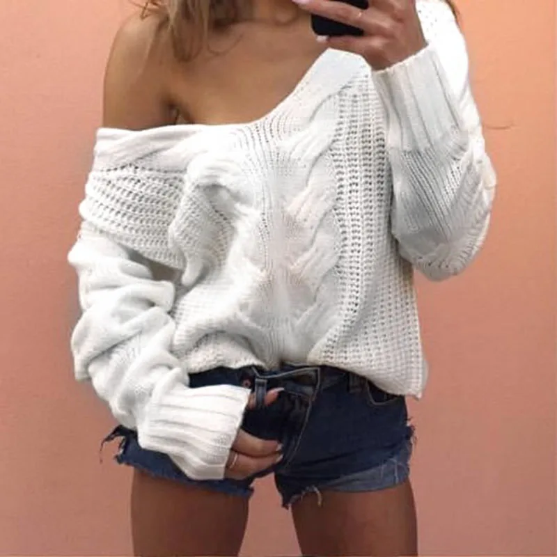 Ceny Jesień kobiety sweter z dzianiny V Neck sweter Off ramię luźne swetry z długim rękawem sweter ciepły topy odzież damska