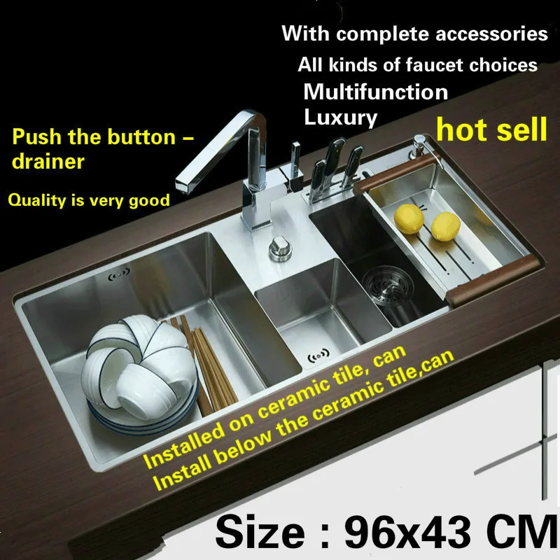 

Free shipping Hot sell standard push the button - drainer luxury kitchen manual sink double groove 304 stainless steel 96x43 CM