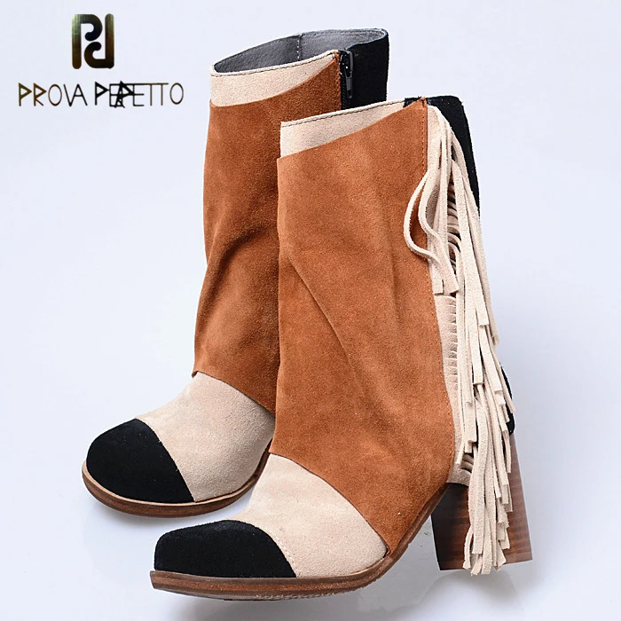Prova Perfetto Mixed Color Suede Leather Winter Patchwork Woman Boots Elegant Fringe Round Toe Chunky High Heel Short Boots Prova Perfetto Mixed Color Suede Leather Winter Patchwork Woman Boots Elegant Fringe Round Toe Chunky High Heel Short Boots