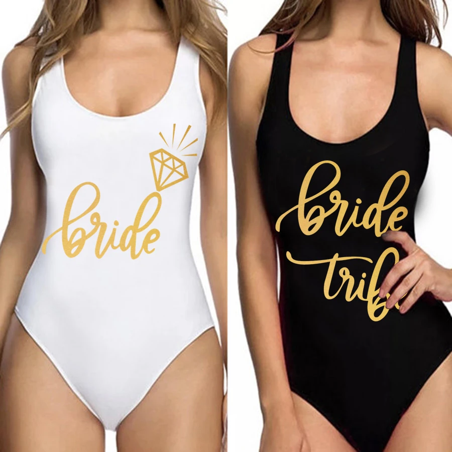 Traje de baño una pieza para fiesta nupcial, bañador con mensaje bride tribe con estampados la parte y trasera, ropa de playa|Bodis| - AliExpress