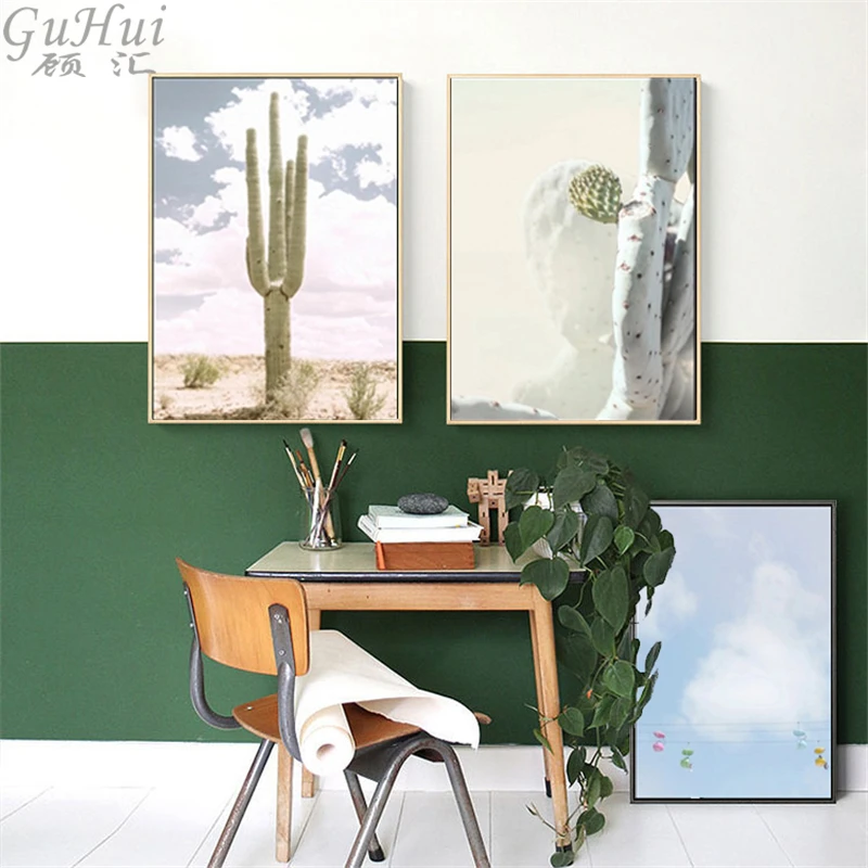 Nordic Desert Landscape Green Cactus Canvas Painting Plant and Poster Home Living Room Decor Wall Photo Picture Cuadros | Дом и сад