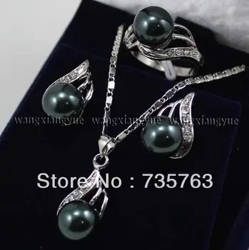 

Free shipping xiuli 0092 Black South sea Shell Pearl Earrings Ring & Necklace Pendant Set