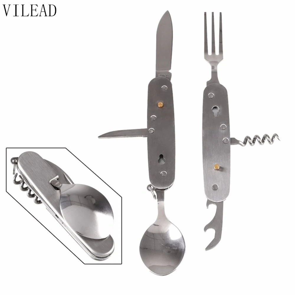 VILEAD 6 Funkce v 1 multifunkční přenosný nerezový piknik Venkovní nádobí Skládací vidlicový nůž Lžíce na otvíráky