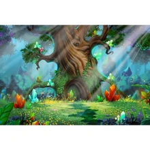 Зачарованный лес сказка фон для фотографии Старое дерево солнце цветы зеленая трава детские дети мультфильм фото Фоны