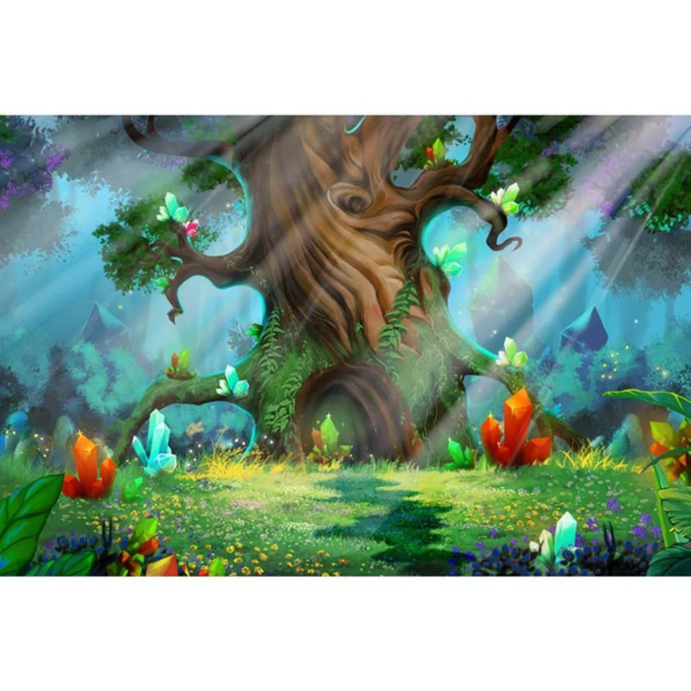 

Enchanted Forest Fairytale Backdrop for Photography Old Tree Sunshine Flowers Green Grass Baby Kids Cartoon Photo Backgrounds