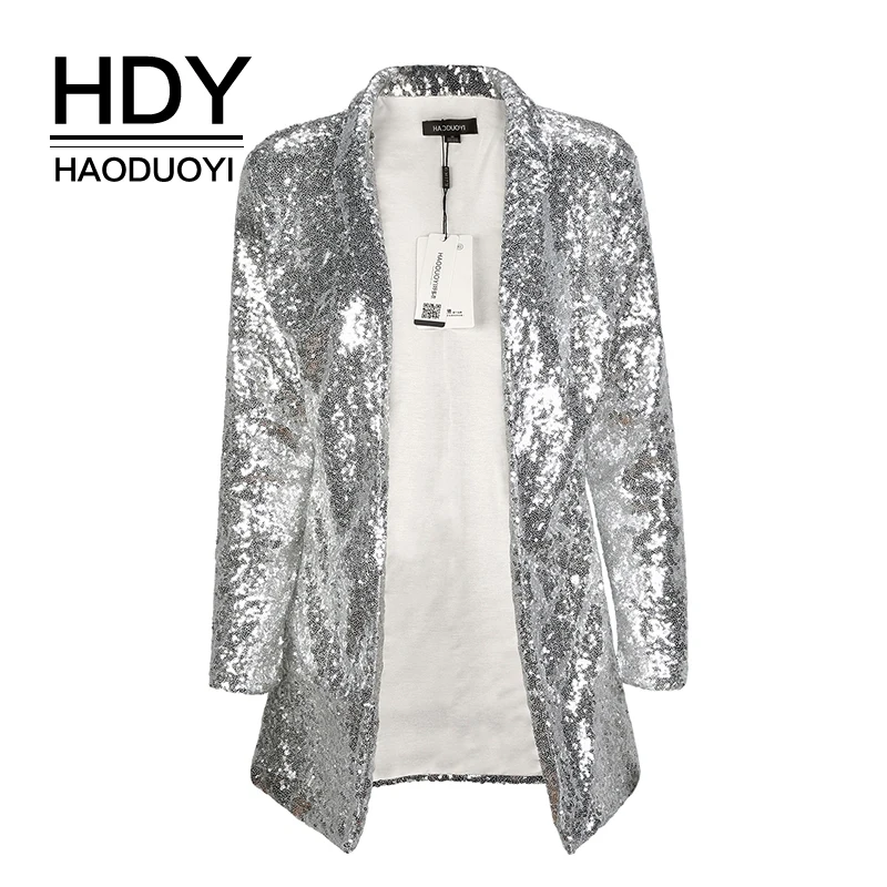 Finest  HDY Haoduoyi Autumn Fashion Women Silver Sequined Coats Turn-down Collar Long Sleeve Outwears Cardi