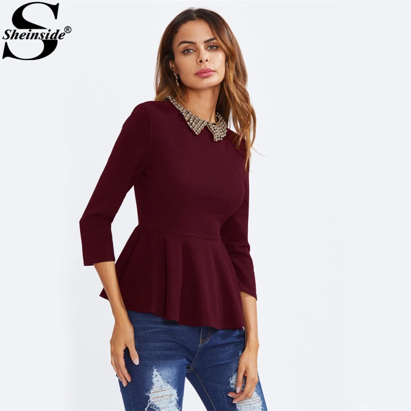 Sheinside Burgundy Beading Collar Peplum Blouse 2017 Contrast Collar 3/4 Sleeve Zipper Plain Top Women Elegant Fall Blouse