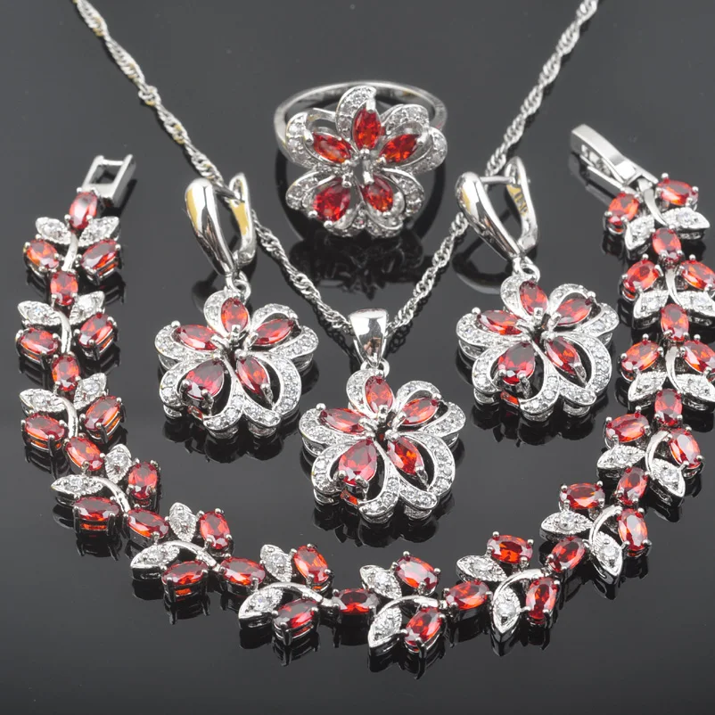 

FAHOYO Flower Red Cubic Zircon 925 Sterling Silver Women Jewelry Sets Bracelet Necklace Pendant Earrings Ring QS0534