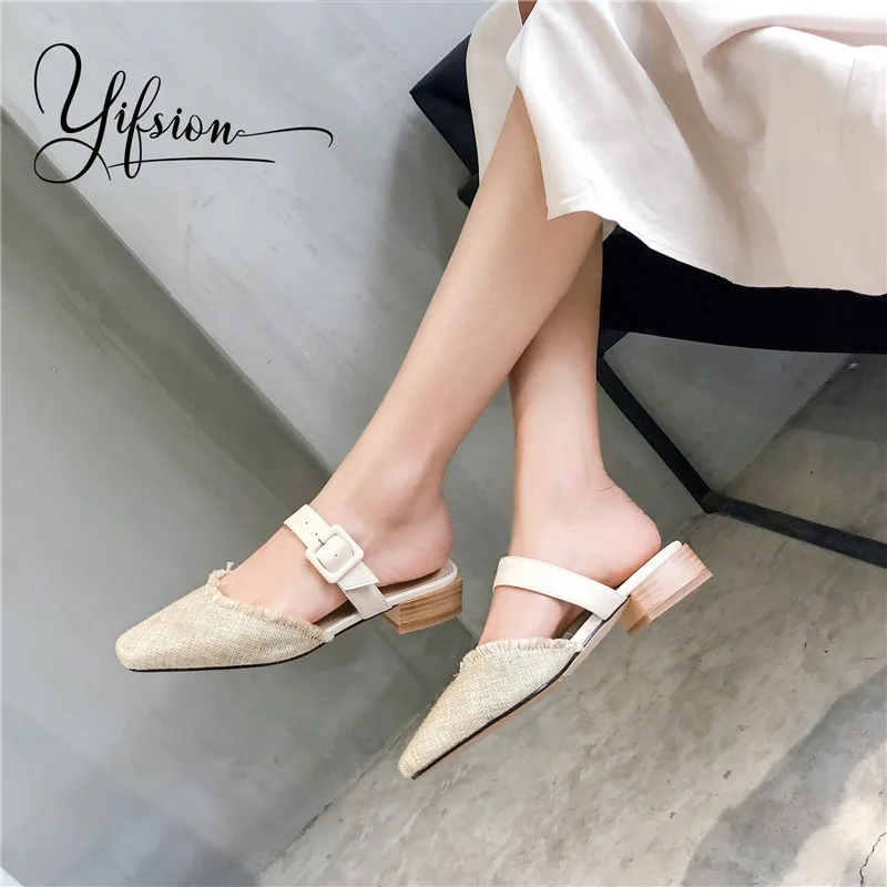 

YIFSION New Spring Summer Shoes Woman Slippers Square Toe Buckle Thick Low High Heel Women Shoes Slippers Mules Shoes Woman