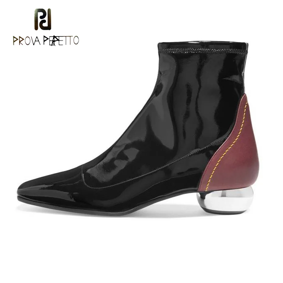 

Prova Perfetto mixed color patent leather short boots women square toe metal strange heel stretch ankle boots mujer zapatos