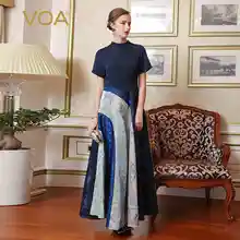 VOA Seda Especial Diseño Clásico Costura Enegant A-Line Patchwork Partido de Las Mujeres Vestidos de Manga Corta Del O-cuello de La Vendimia Maxi A7757