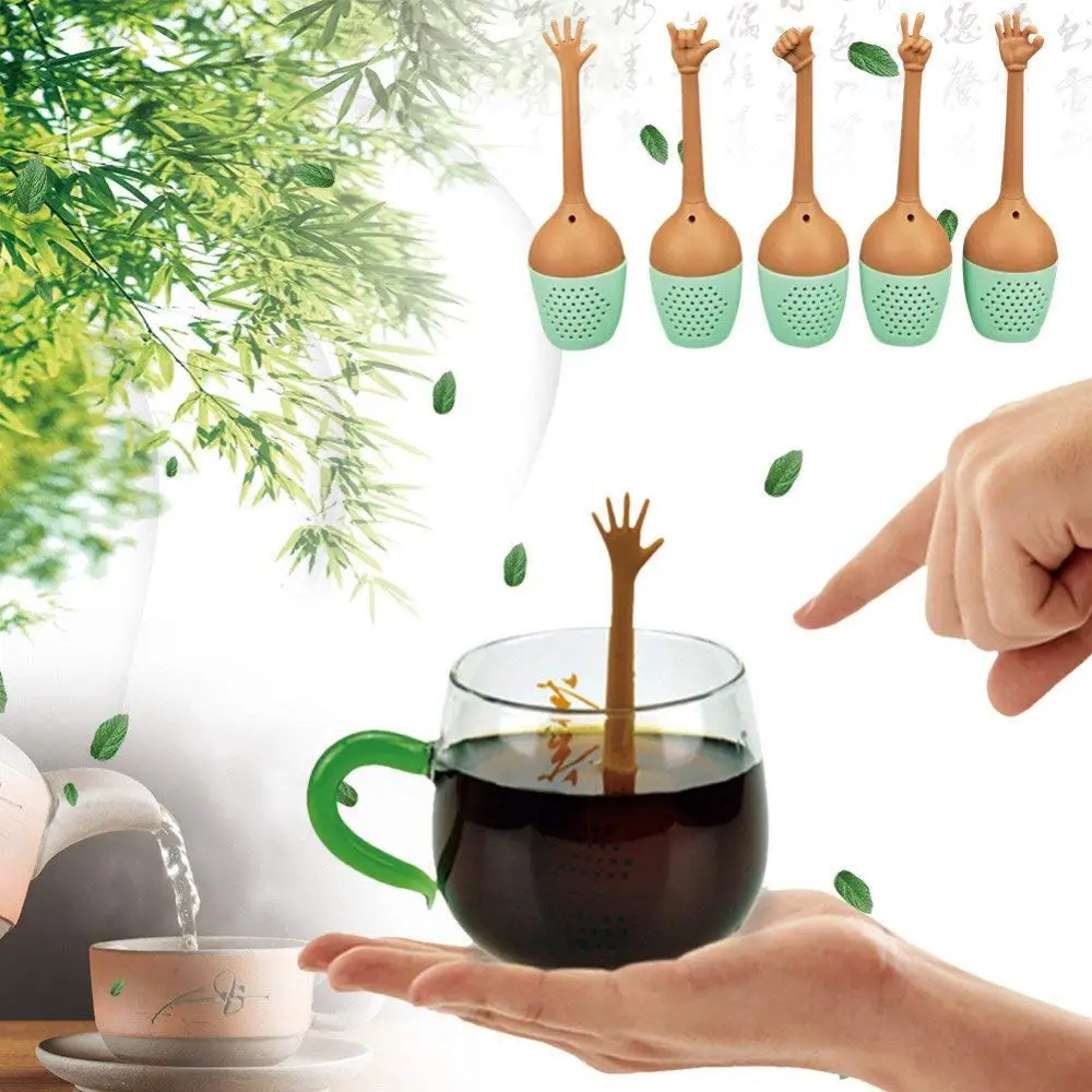 1 шт., забавный силиконовый ситечко для заварки чая в виде жеста руки, многоразовые чайные пакетики, травяной держатель для специй, инструменты для заваривания чая