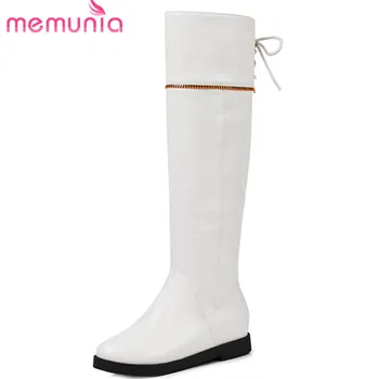 

MEMUNIA 2020 popular boots women lace up solid colors knee high boots round toe pu autumn winter boots square heels shoes woman